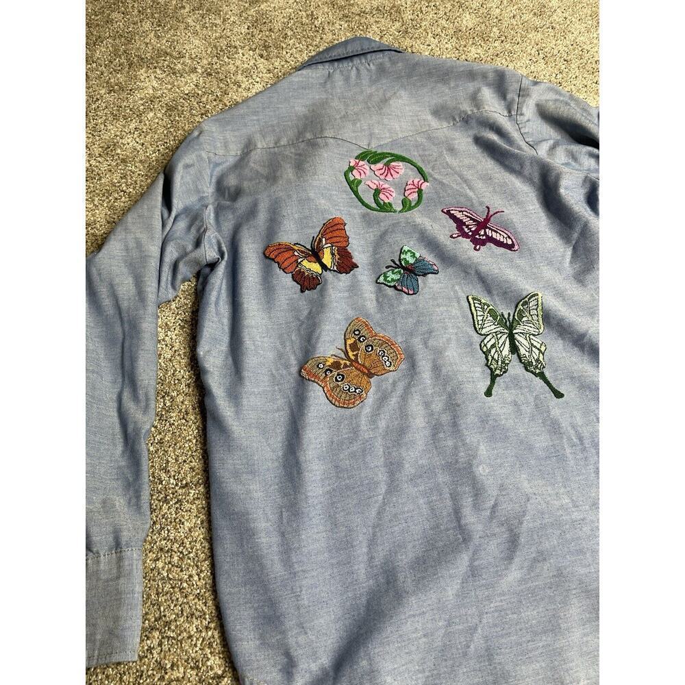 Vintage Sears Western Wear Pearl Snap Shirt Butterfly Flower Appliqué 15-15.5